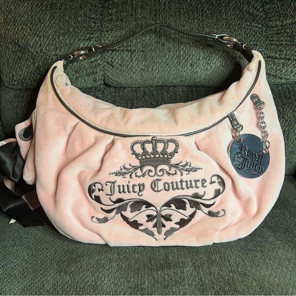 Juicy Couture Handbags - Vintage Y2K Juicy Couture Baby Pink Velour Crown Hobo Shoulder Bag